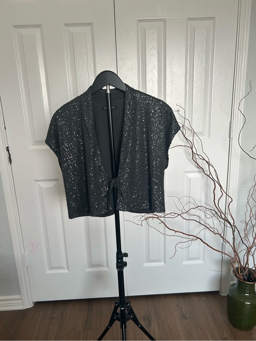 Eileen Fisher Black Sequin 100% silk Tie-Front top/jacket- Size S